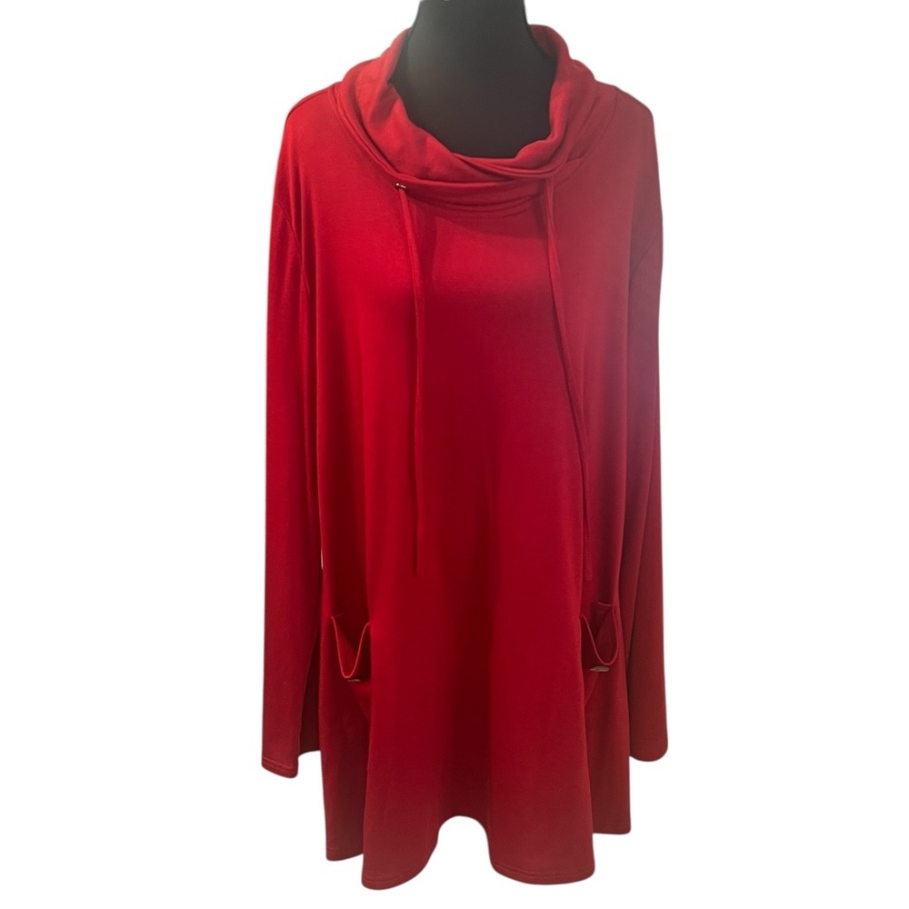 Bulotus Red Cowl‎ Neck Tunic Top 3XL Plus Stretch Long Sleeve Pockets